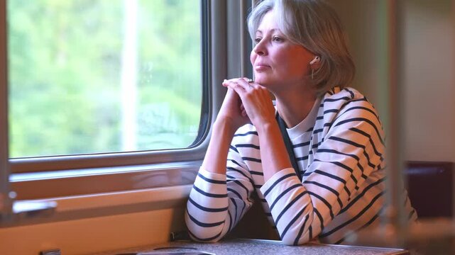 Mature Woman Passenger Looking Out Train Window During Journey - Contemplative Gaze