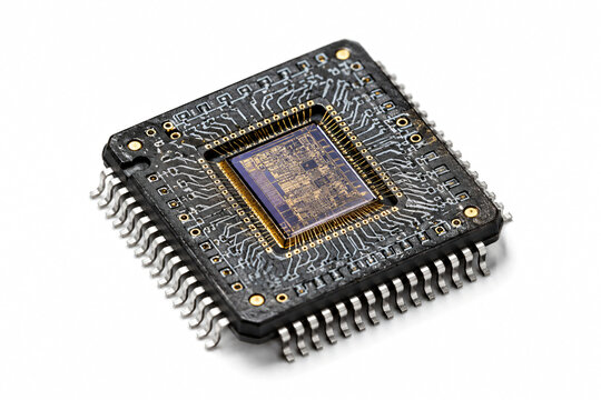 Close-up of an integrated circuit chip with an exposed semiconductor die and electronic connections, isolated on a white background