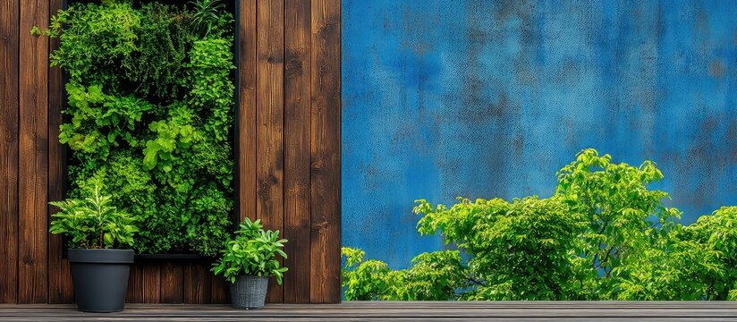 Rustic Wooden Frame With Potted Plants And Vibrant Blue Wall Background