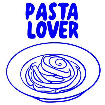Pasta lover blue doodle illustration with spaghetti served on round plate