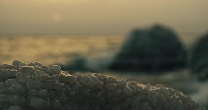 Close up of natural salt crystals along the shoreline of the Dead Sea in Jordan. Soft focus waves, distant rocks, and warm sunset light create a calm and tranquil landscape with shallow depth of field
