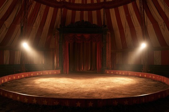 An empty circus ring bathed in dramatic spotlighting, ready for show