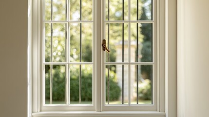 Fototapeta premium Bright sunlight streams through a vintage grid window onto a lush garden