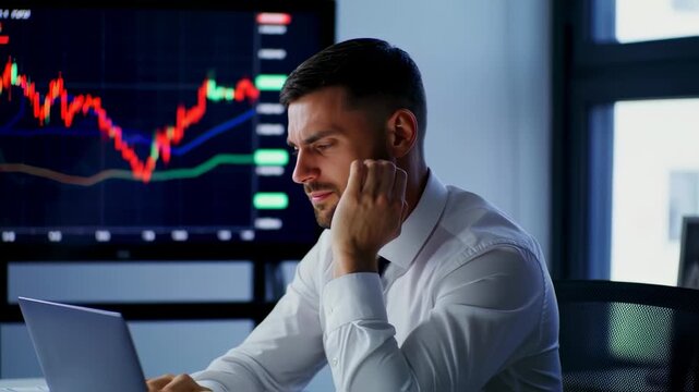 A man in a white shirt, face in hands, in front of stock charts on a monitor