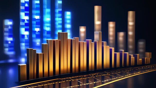 Golden and blue bar graphs ascend on a dark background, suggesting financial data and analysis