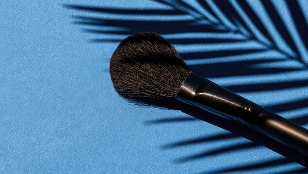 A black makeup brush rests on a blue surface with leaf shadows