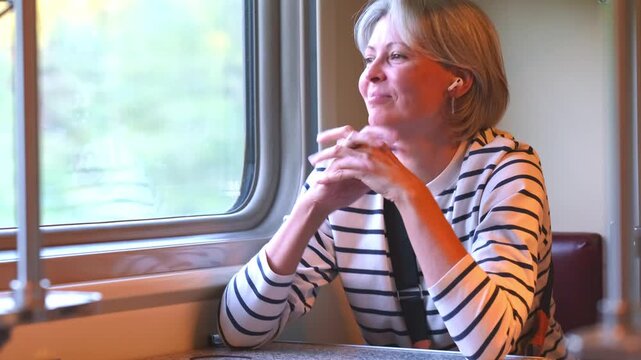 Mature woman with gray hair enjoying her journey in train.