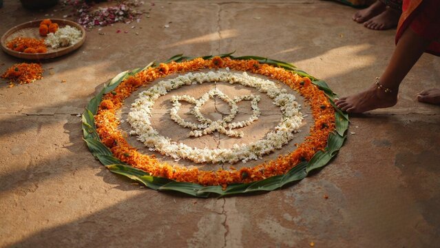 Concentric flower rangoli with a brass oil lamp on a stone courtyard