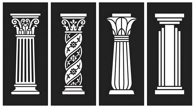 Classical architectural column designs in white on black.