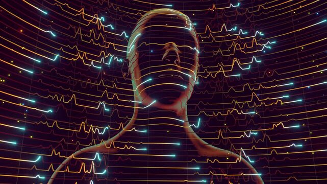 medicine loop of abstract human bust formed by glowing horizontal scan lines and wave data signals. Digital futuristic artificial intelligence model surrounded by curved network grid and particles.