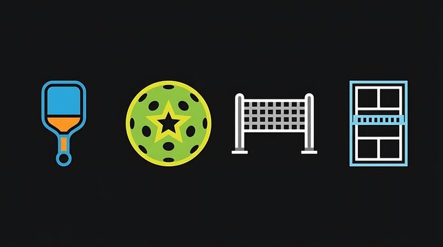 Colorful flat pickleball equipment icons on dark background.