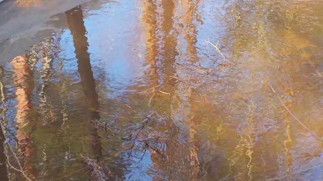 A river of melted snow in spring. The water is brownish due to iron contamination. A tranquil scene evoking quiet solitude and natural beauty.