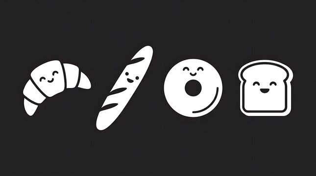 Cute white bakery item icons with smiling faces.