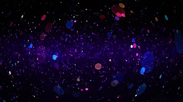 Vibrant abstract bokeh circles and scattered glowing dots rotating, magical, festive atmosphere against a deep dark background