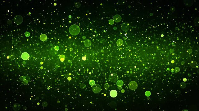 vibrant green light bokeh particles, shimmering rotating slow motion effect against a dark background