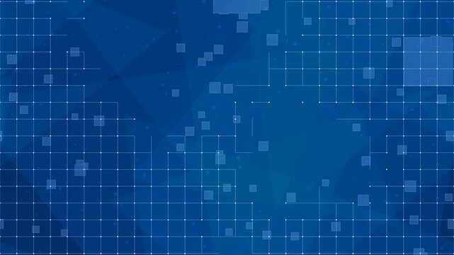 Abstract futuristic blue digital grid pattern with scrolling geometric squares and nodes to represent data flows and technology, loopable animation