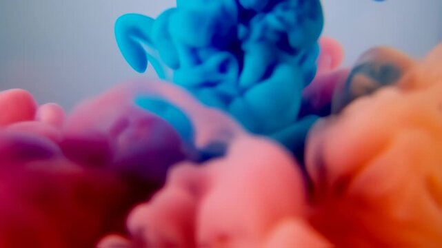 Vibrant hues of blue, pink, and orange ink swirl and blend in a soft, ethereal dance