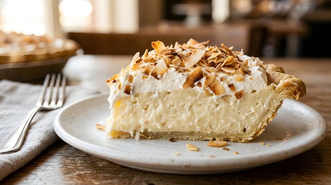 Creamy pie slice with whipped topping and toasted coconut flakes