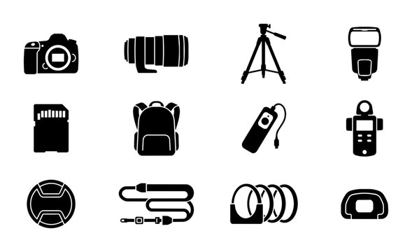 Photography Equipment Icons Set, Camera Gear Vector Graphics, Digital Imaging Accessories Collection, Professional Photo Studio Tools