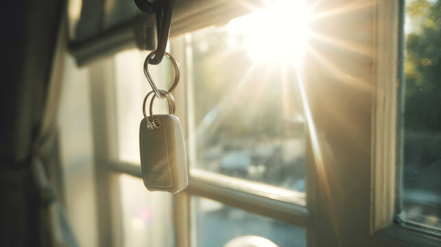 Keychain with white key fob hanging from a hook near a sunlit window, soft sunlight streaming through curtains illuminating the interior space