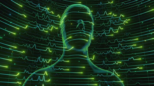 medicine loop of abstract human bust formed by glowing horizontal scan lines and wave data signals. Digital futuristic artificial intelligence model surrounded by curved network grid and particles.