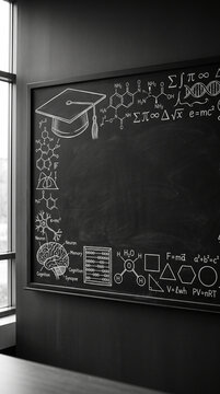 Black chalkboard with scientific formulas, diagrams, and a graduation cap, symbolizing education, knowledge, and academic achievement