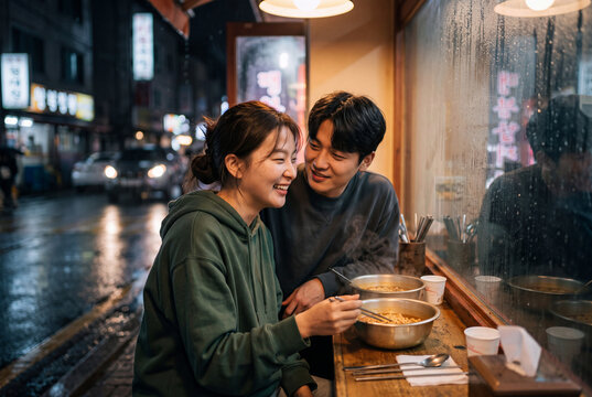 Cozy couple sharing ramen at a street food stall on a rainy night for restaurant social media background and cozy lifestyle banner