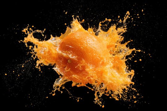 A vibrant orange explodes, showering liquid and fragments against black