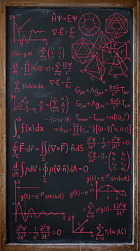 Chalkboard filled with complex mathematical equations and geometric shapes, symbolizing education, science, and intellectual pursuits.