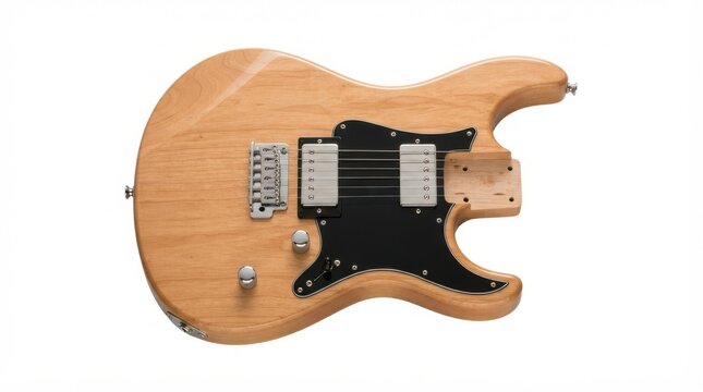 Natural wood electric guitar with black pickguard and chrome hardware isolated