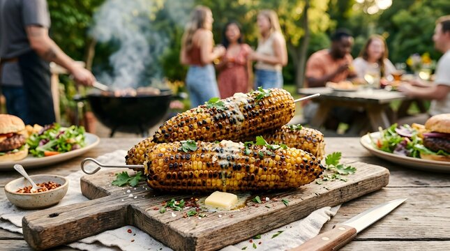 Delicious grilled corn on skewers with butter and herbs outdoors