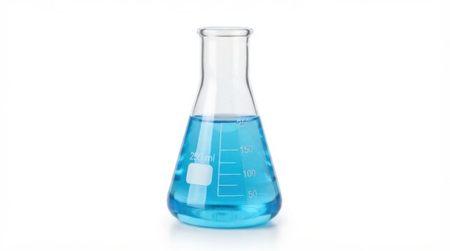 Laboratory Erlenmeyer flask holding bright blue liquid with clear volume markings scientific research