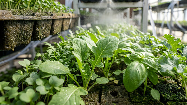 Vertical rows of leafy greens and microgreens growing in hydroponic trays with misting systems