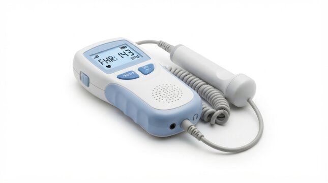 Portable fetal Doppler heart rate monitor displaying 143 BPM for prenatal care device