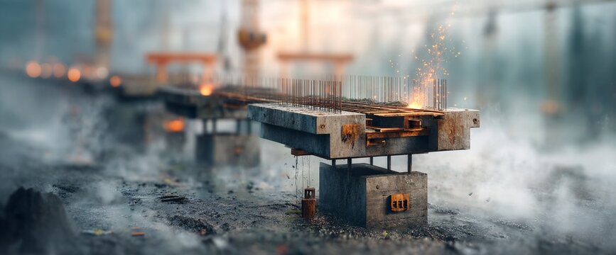 Bridge construction in progress. Sparks fly as steel is welded. Concrete pillars support the bridge. Atmospheric environment