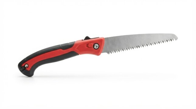 Red and black handle folding saw with a sharp serrated blade for gardening and cutting