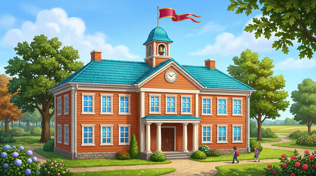 A charming cartoon schoolhouse with a bell tower and clock, set in a lush landscape, symbolizing education and learning, perfect for children's themes.