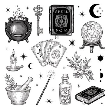 Black and white witchcraft and magic elements illustration set