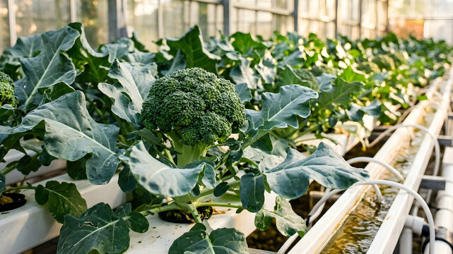 Close up of lush green broccoli plants in a hydroponic greenhouse with rows extending into the