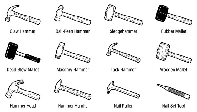 Various Hammer Types Illustration Set with Detailed Designs and Labeled Names