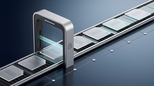 Enterprise document automation displaying physical files moving through digital scanning machine on conveyor belt