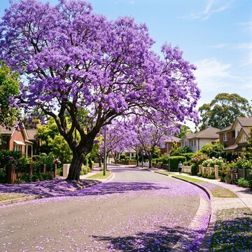 Blooming Purple Jacaranda Trees Lining Suburban Street with Fallen Petals.