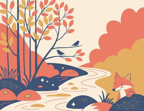 Illustration of a fox resting near a river surrounded by autumn trees and rocks in a nature landscape