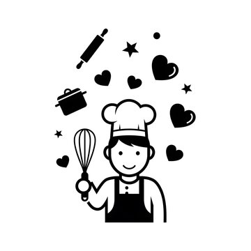 Chef holding whisk with baking tools and hearts floating around