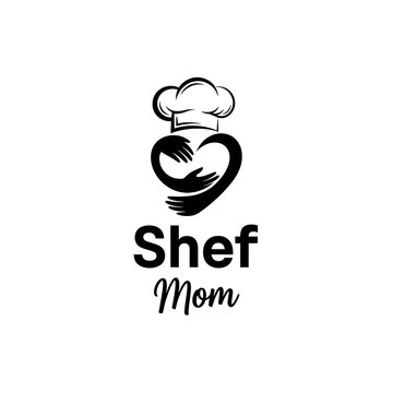 Chef mother character logo with heart hands and chef hat illustration