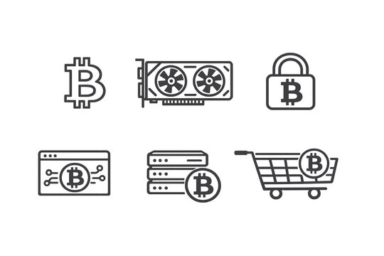 Crypto icons for bitcoin, blockchain, mining, trading, security, investment, cryptography and digital assets.