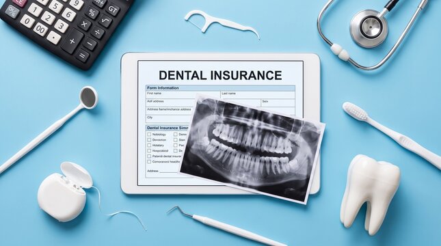 Dental insurance application form displayed on digital tablet with professional oral care equipment set