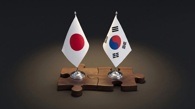 Japan And South Korea Miniature Flags On Connecting Puzzle Pieces Symbolizing Diplomacy