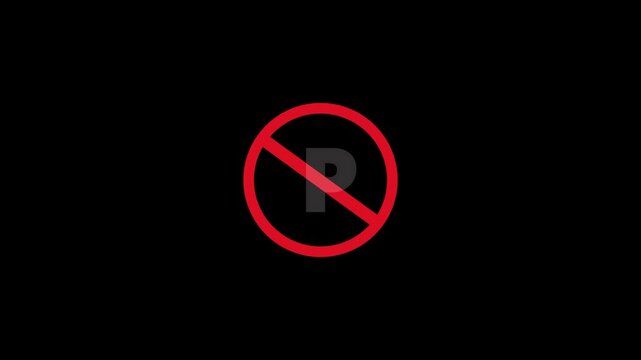 No parking icon animation symbol white color text on black background. Traffic safety animation of no parking icon.