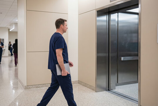 A male doctor in his 40s wearing navy scrubs walks through a hospital corridor holding a laptop, with beige walls, bright overhead lighting, and an elevator in the background